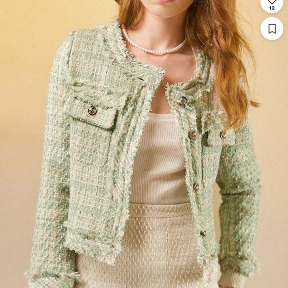 Light Green Tweed Frayed Jacket J.ING s/m NWOT
